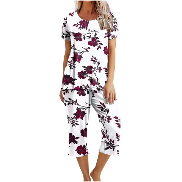 Conjuntos Cortos para Mujeres Impresión Floral de Verano Casual Manga Corta Cuello Redondo Y Pantalones Recortados Conjunto de Poliéster, Traje de Verano Casual