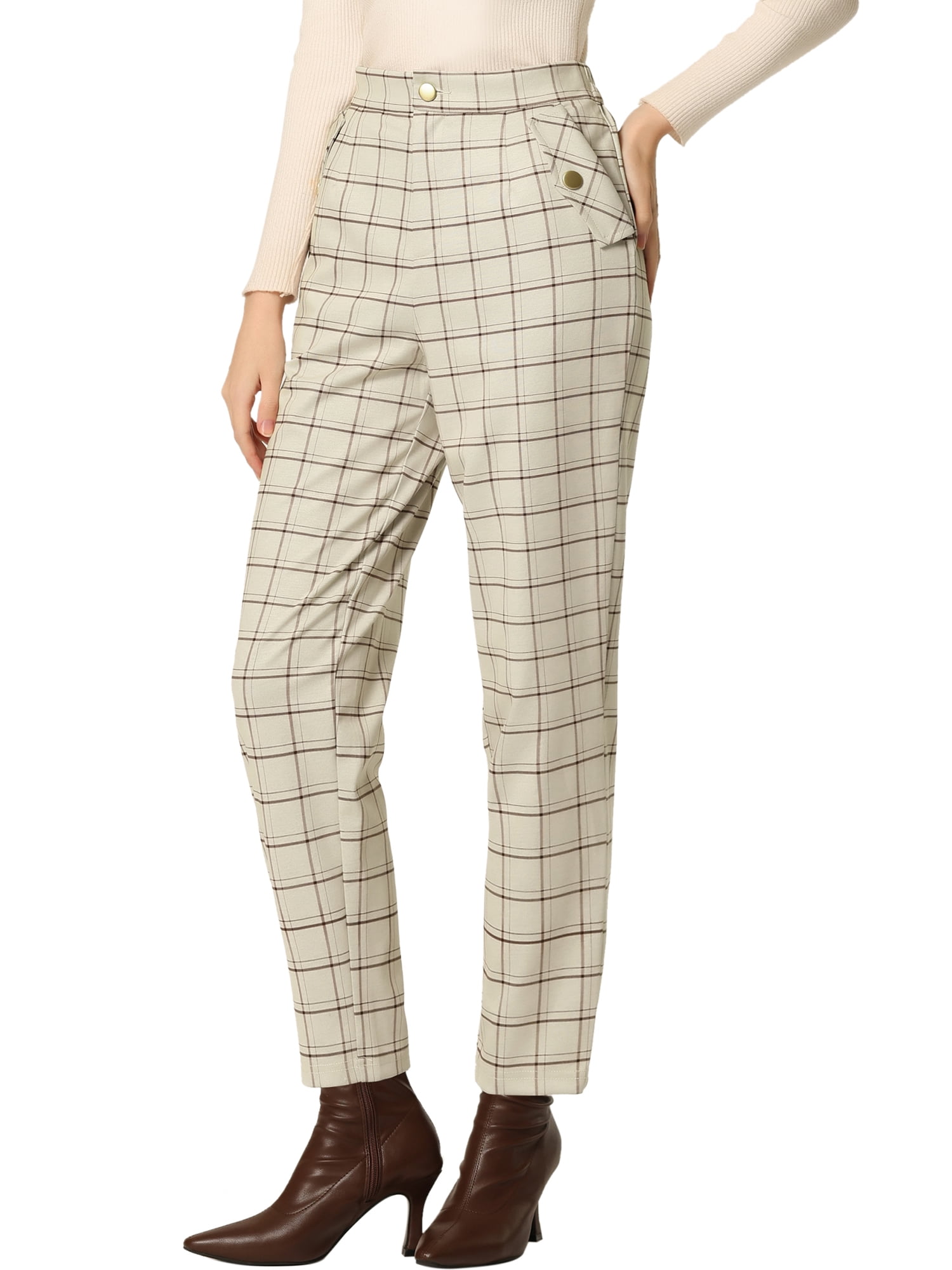 DARING DIVA Women's Tartan Plaid Pants Elastic Waist Straight Trousers XS Beige