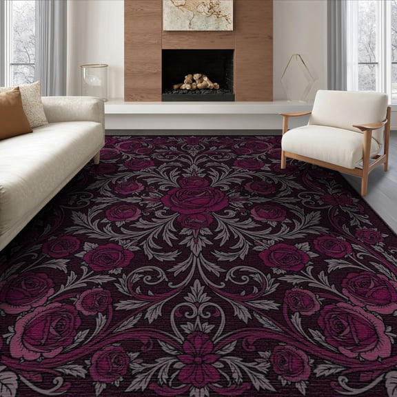 ODIKA 8'x10' Washable Area Rug Non-Slip Chair-Friendly Mat Gothic Pink Academia Botanical Vine Motif Decorative Purple Flower for Dining Room, Large Office, Lounge