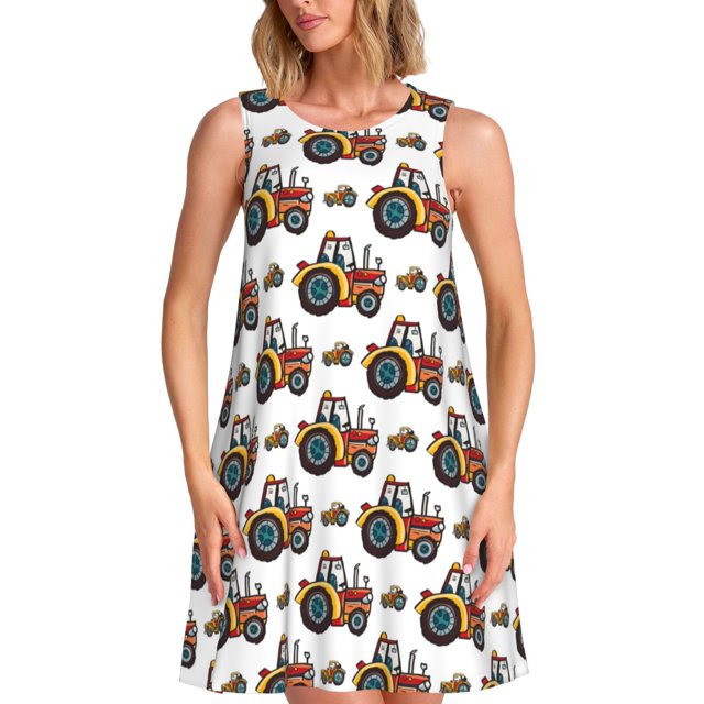 Balery Cartoon Tractor Vestidos de verano para mujer con estampado: vestido holgado sin mangas, vestido playero informal y cómodo para días calurosos.