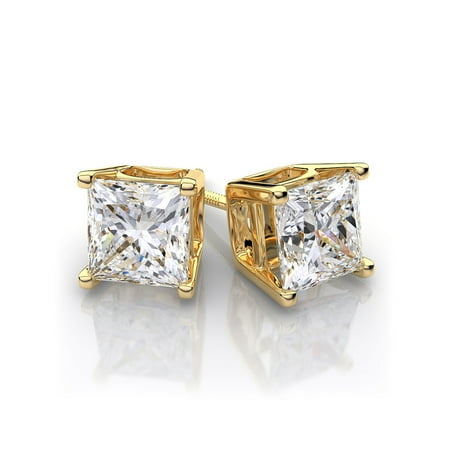 18k Brilliant Cut Stud - 4.32 dwt Princess Cut Forever Classic Moissanite Stud Earrings 18k Yellow Gold