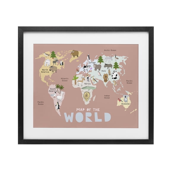 Kid's Map Of World Pink Black Framed Print Under Glass, design by Carla Daly