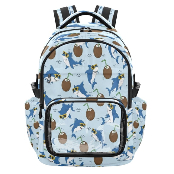 Qxltty Shark Coconut Backpack School Bookbag with Clear PVC Front Pocket, Laptop Compartment, Water Resistant Travel Daypack for Students