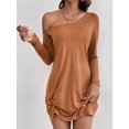 thumbnail image 6 of Womens One Shoulder Tunic Long Sleeve Solid Twist Hem Mini Dress Dressy Casual Loose Spring Summer Dress Brown S, 6 of 9