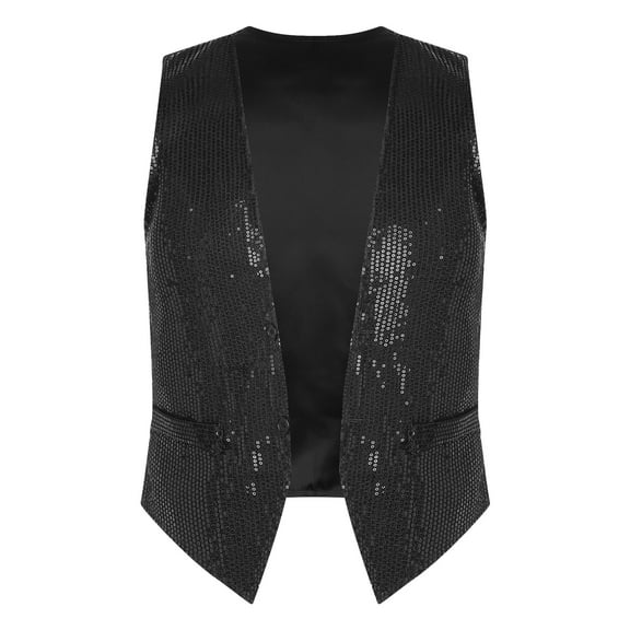inhzoy Mens V-Neck Vest with Shiny Sequins Slim Fit Tuxedo Waistcoat Black 3XL