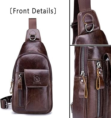 BULLCAPTAIN Genuine Leather Sling Bag for Men, Crossbody Chest Backpack with Adjustable Strap, Zipper Closure. , Coffee Brown