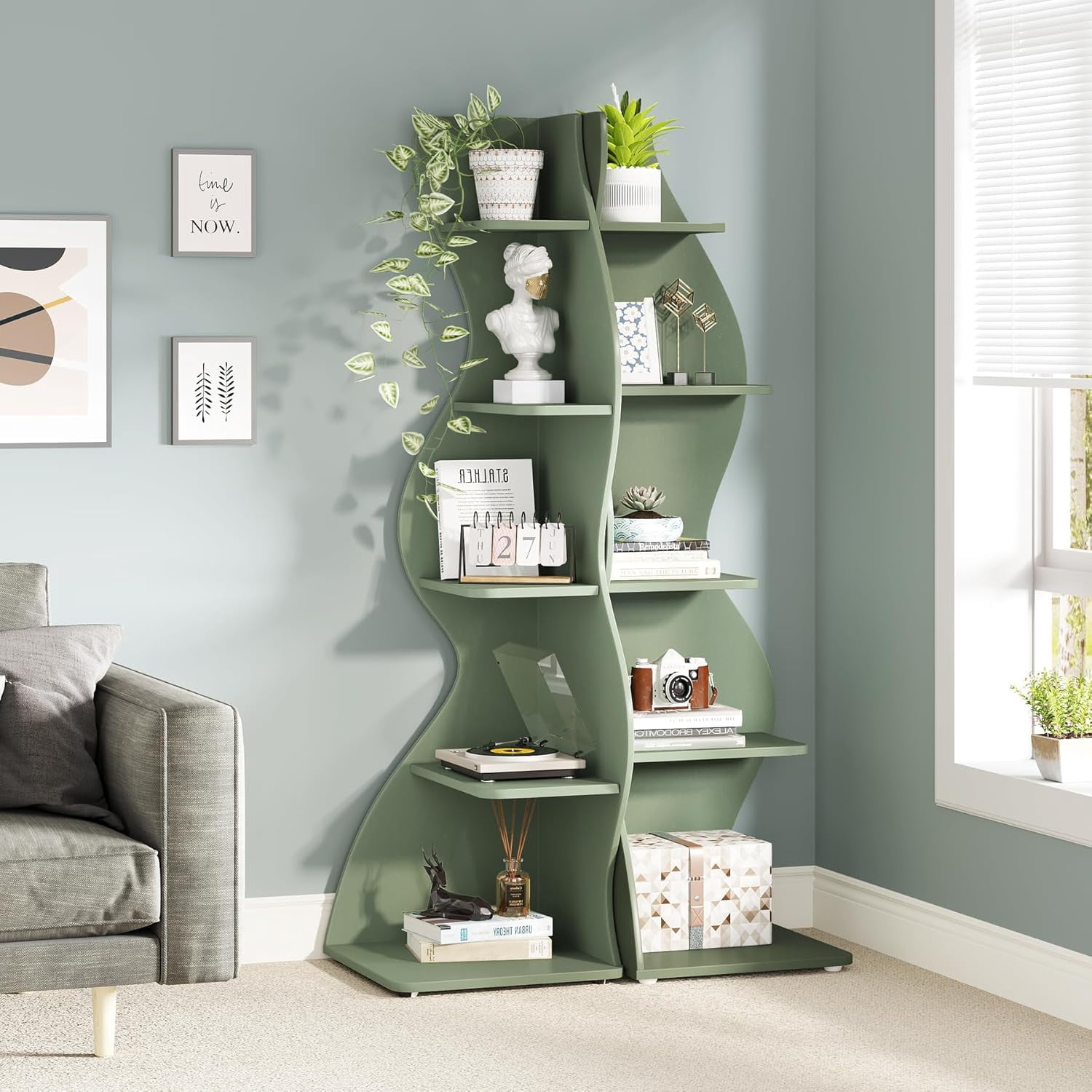 Tribesigns Corner Shelf, 5-Tier Modern Corner Bookshelf Bookcase Plant Stand for Living Room, Home Office (Sage Green)