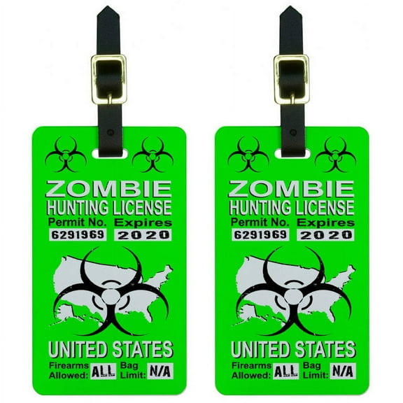 United States Zombie Hunting License Green Permit Luggage Tags ID, Set of 2