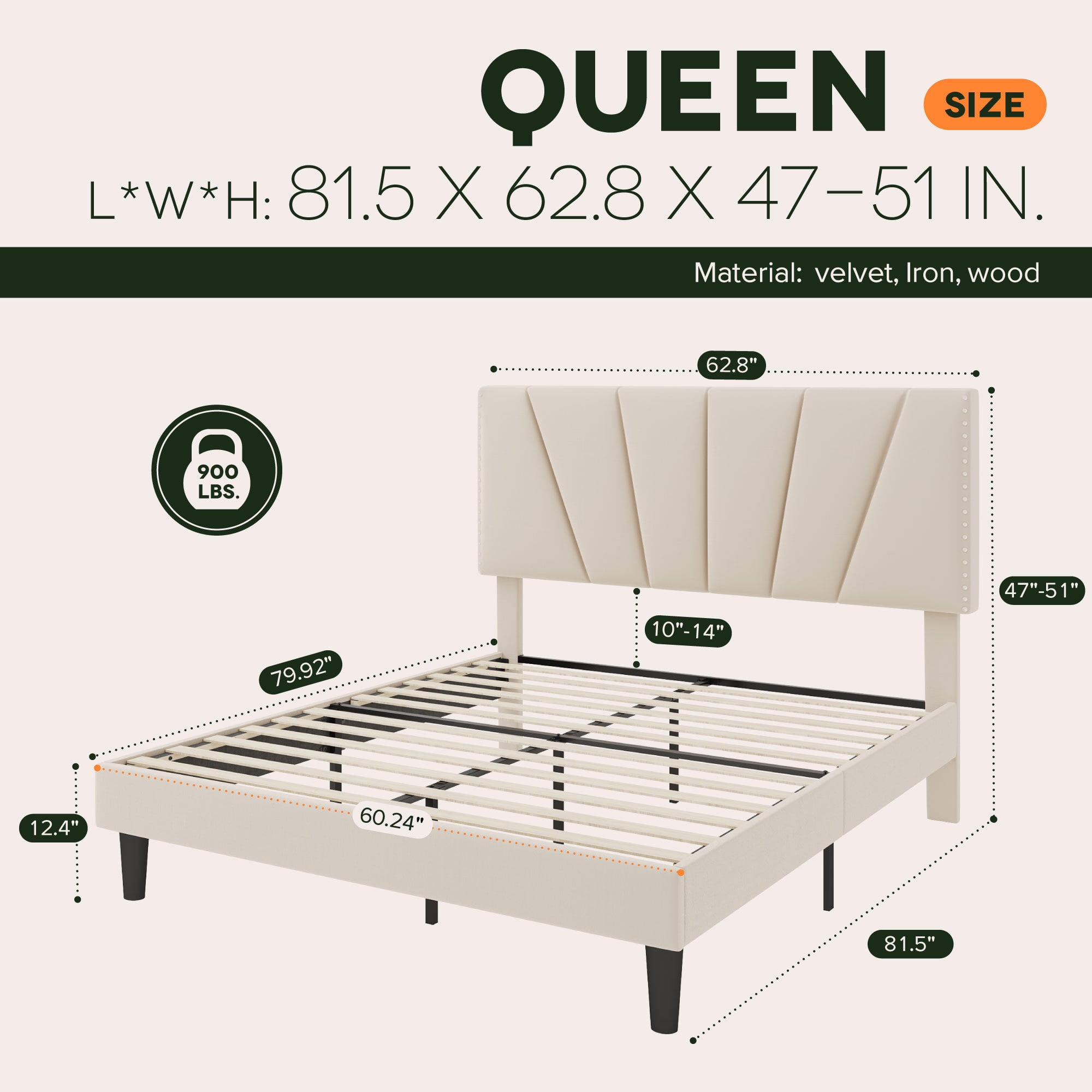 Einfach Queen Size Premium Velvet Upholstered Platform Bed Frame with Adjustable Headboard,Under-Bed Storage,Heavy-Duty Metal Support, Noise-Free Slats, Cream