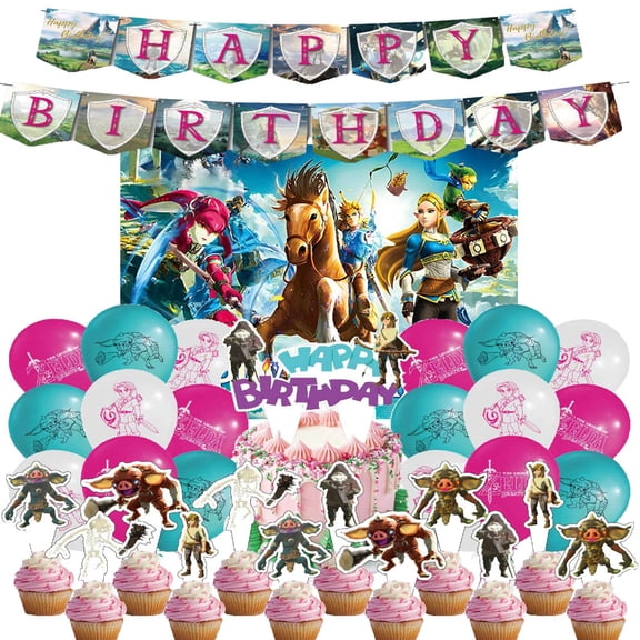 Zelda birthday party supplies, Zelda party set includes birthday banner, backdrop, balloons, cake decorations, and decorations suitable for the party scene.