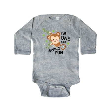 

Inktastic I m One and Having Fun with Monkey Gift Baby Boy or Baby Girl Long Sleeve Bodysuit