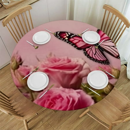 

Autua Roses Butterfly Pink Round Tablecloth Stain-Resistant Washable for Indoor Outdoor Dining Events 100% Polyester Full Width Single-Sided Print - Picnic Kitchen Farmhouse Decor 54 -58