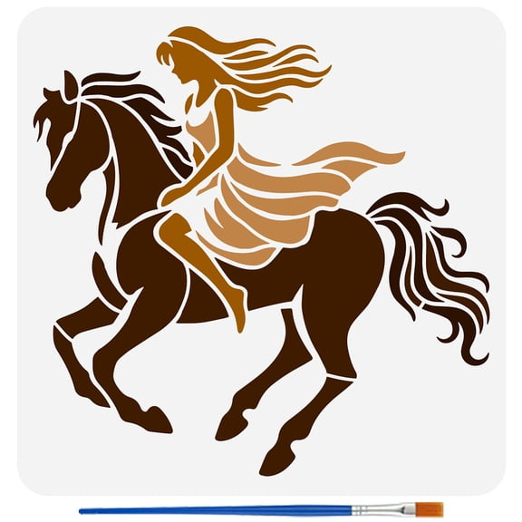 The Maiden and The Fine Horse Stencil with 1Pc Plastic Brush 11.8x11.8 inch Woman on Horseback Pattern Drawing Stencil Human Theme Template