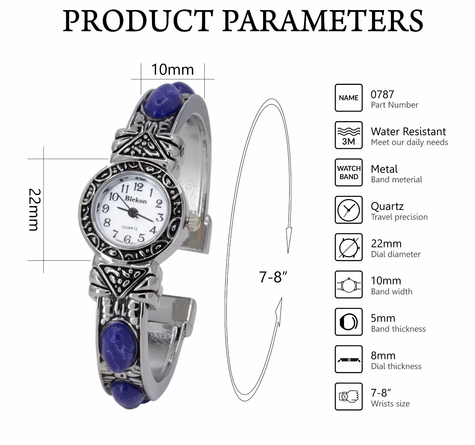 Blekon Stone Studded Watch for Women, 22mm Case Japanese Quartz Movement and Large Cuff Bangle, Best Fits Wrists Measuring 7-8 inches