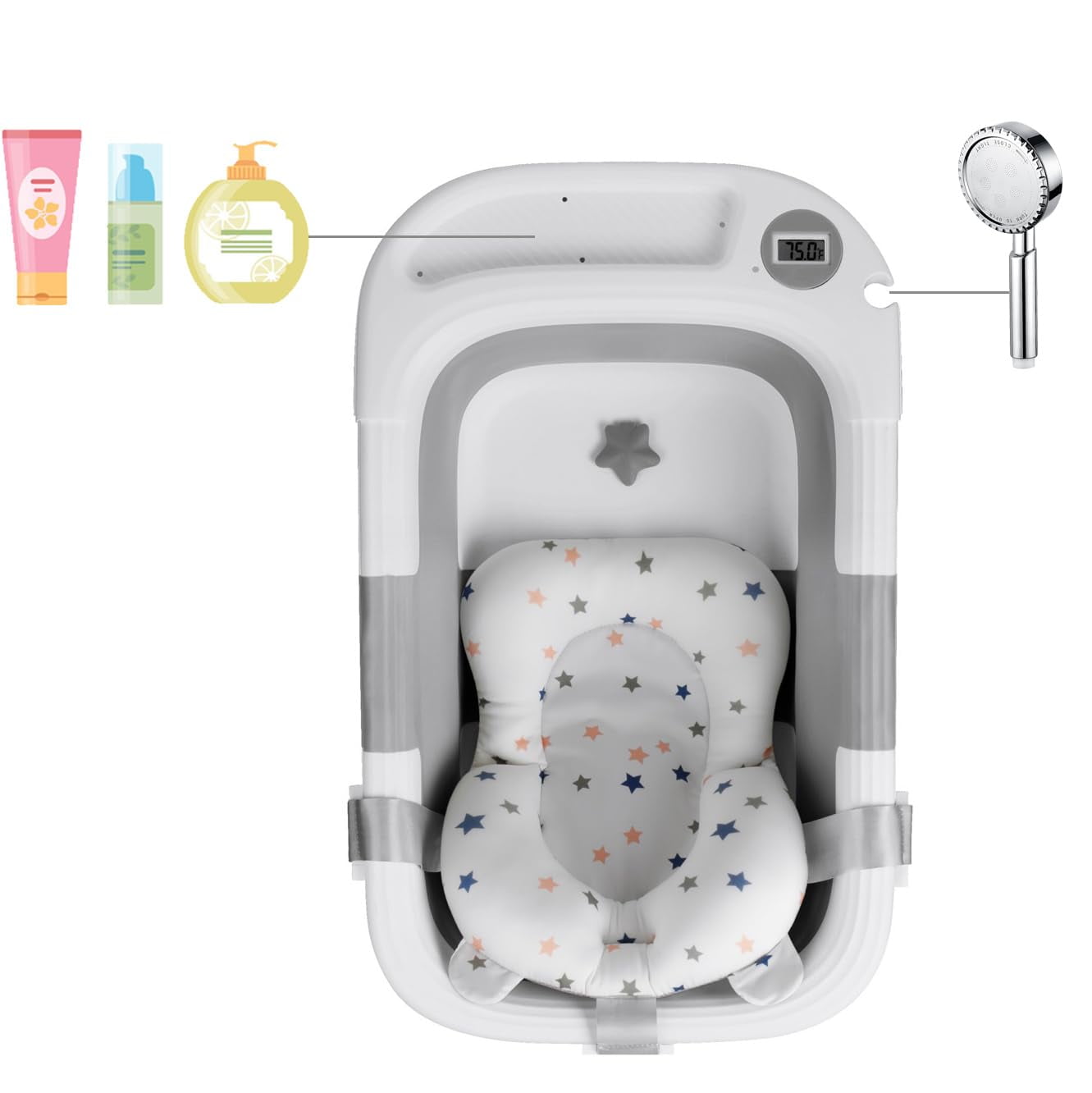 PandaEar Baby Bathtub, Collapsible Baby Infant Bath Tub Toddler Bathtub with Soft Cushion & Thermometer -Gray