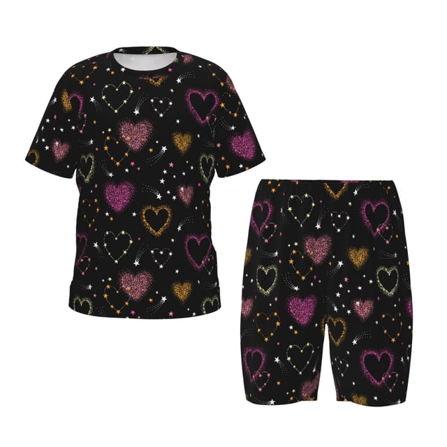 Balery Heart and Stars Conjunto de Pijama Infantil de Manga Corta con Estampado – Ropa de Dormir de Algodón Suave-XX-Large