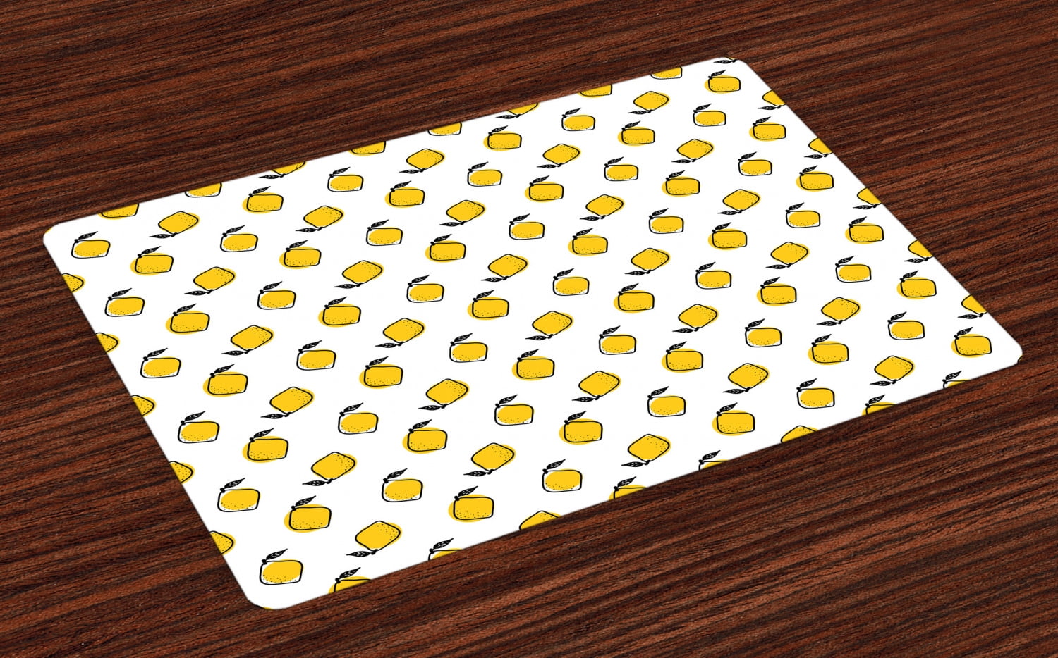 Yellow and White Placemats Set of 4 Doodle Style Lemons with Leaves and