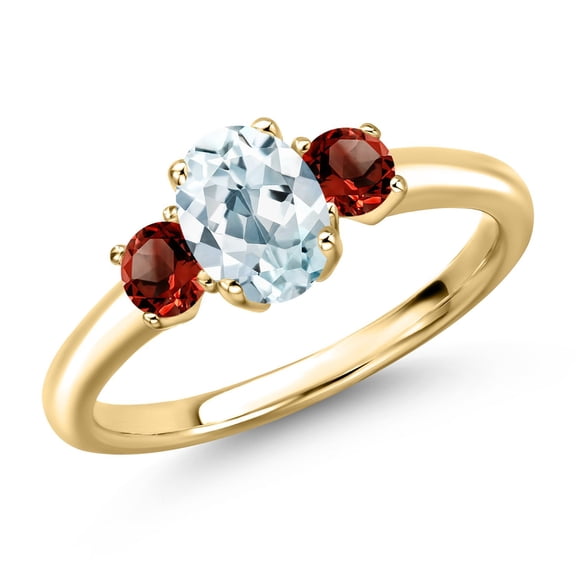 Gem Stone King 10K Yellow Gold Sky Blue Aquamarine and Red Garnet Engagement Ring for Women | 1.15 Cttw | Oval 7X5MM | Gemstone March Birthstone | Size 7