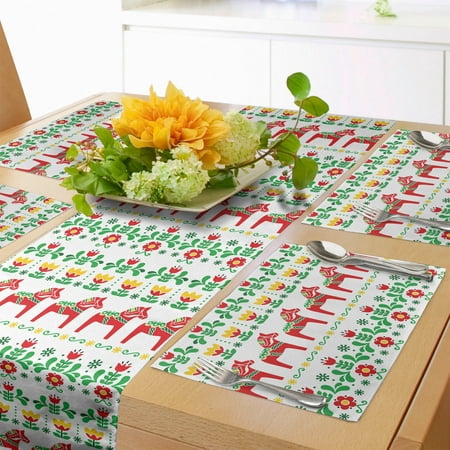 

Folk Art Table Runner & Placemats Scandinavian Themed Pattern of Swedish Dala Horse and Flowers Set for Dining Table Decor Placemat 4 pcs + Runner 16 x72 Green Vermilion by Ambesonne