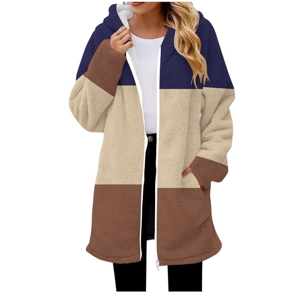 Enjoytime Fall Jackets for Women 2025 Patchwork Long Sleeve Zip Up Hoodies Plus Size Fashion Winter Warm Mid-Length Coats