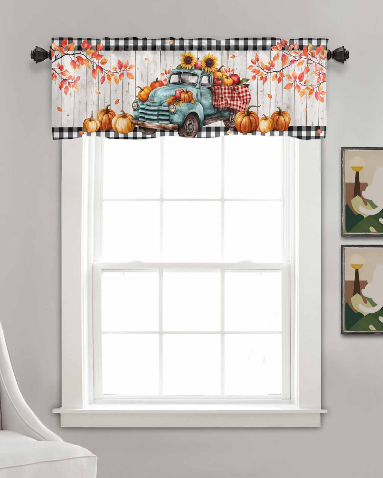 Fall Pumpkin Sunflowers Kitchen Valances for Windows Farmhouse Linen Window Valance Curtain for Living Room Window Treatment Thanksgiving Branch Wood Grain Valance Rod Pocket Topper, 42 x 18 Inch
