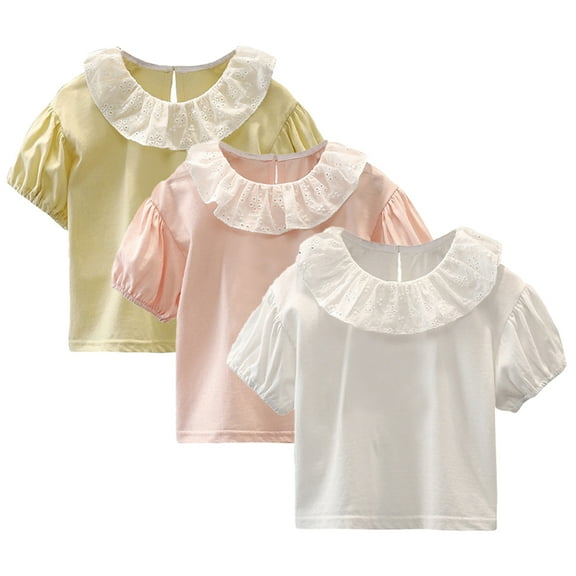 Kkkded Toddler Kids Girls Spring Summer T Shirts Baby Doll Collar Short Sleeve Tshirt Clothing Cotton Pullover Tops for Girls Size 1-10 Years