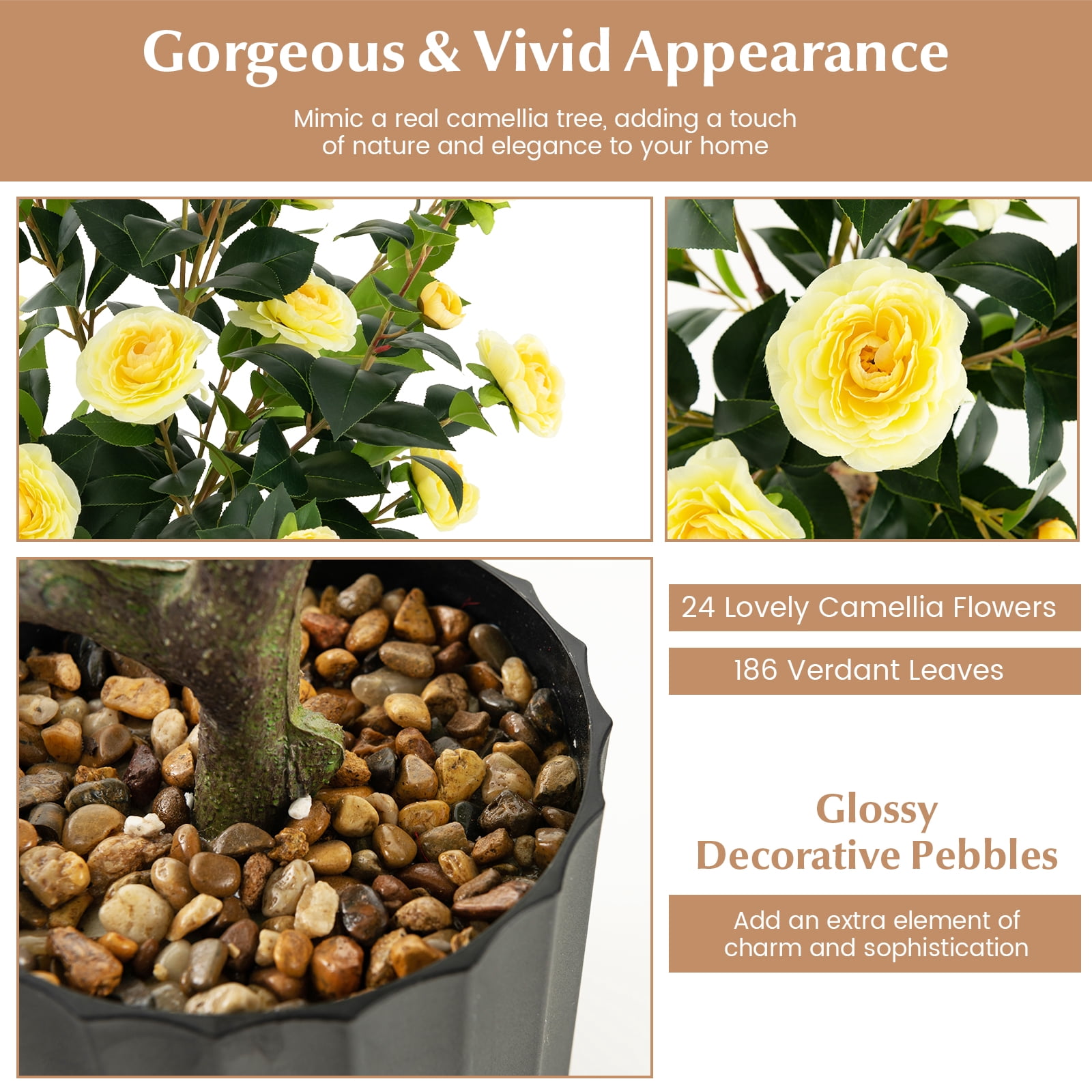 Costway 1 PCS 38" Artificial Camellia Tree Faux Floral Plant Fake Tree for Decoration Yellow