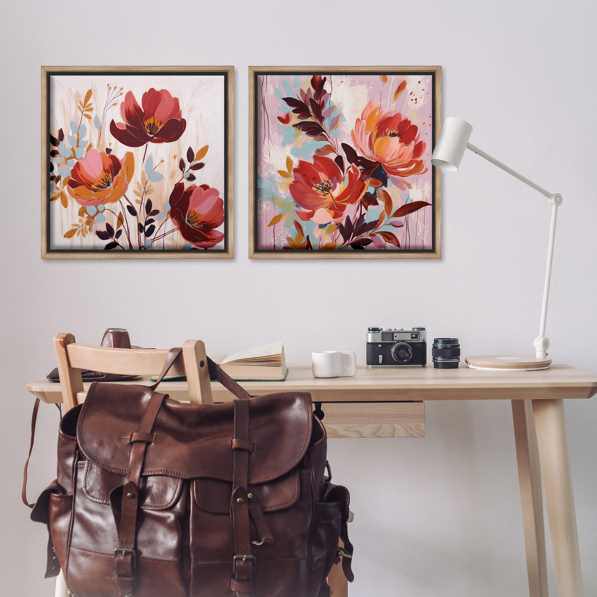 Stupell Industries Red Modern Flowers Botanical & Floral Painting Brown Floater Framed Canvas Art Print Wall Art, 25 x 25, Set of 2
