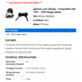 thumbnail image 2 of Ignition Lock Cylinder - Compatible with 1987 - 1989 Dodge Dakota 1988, 2 of 2