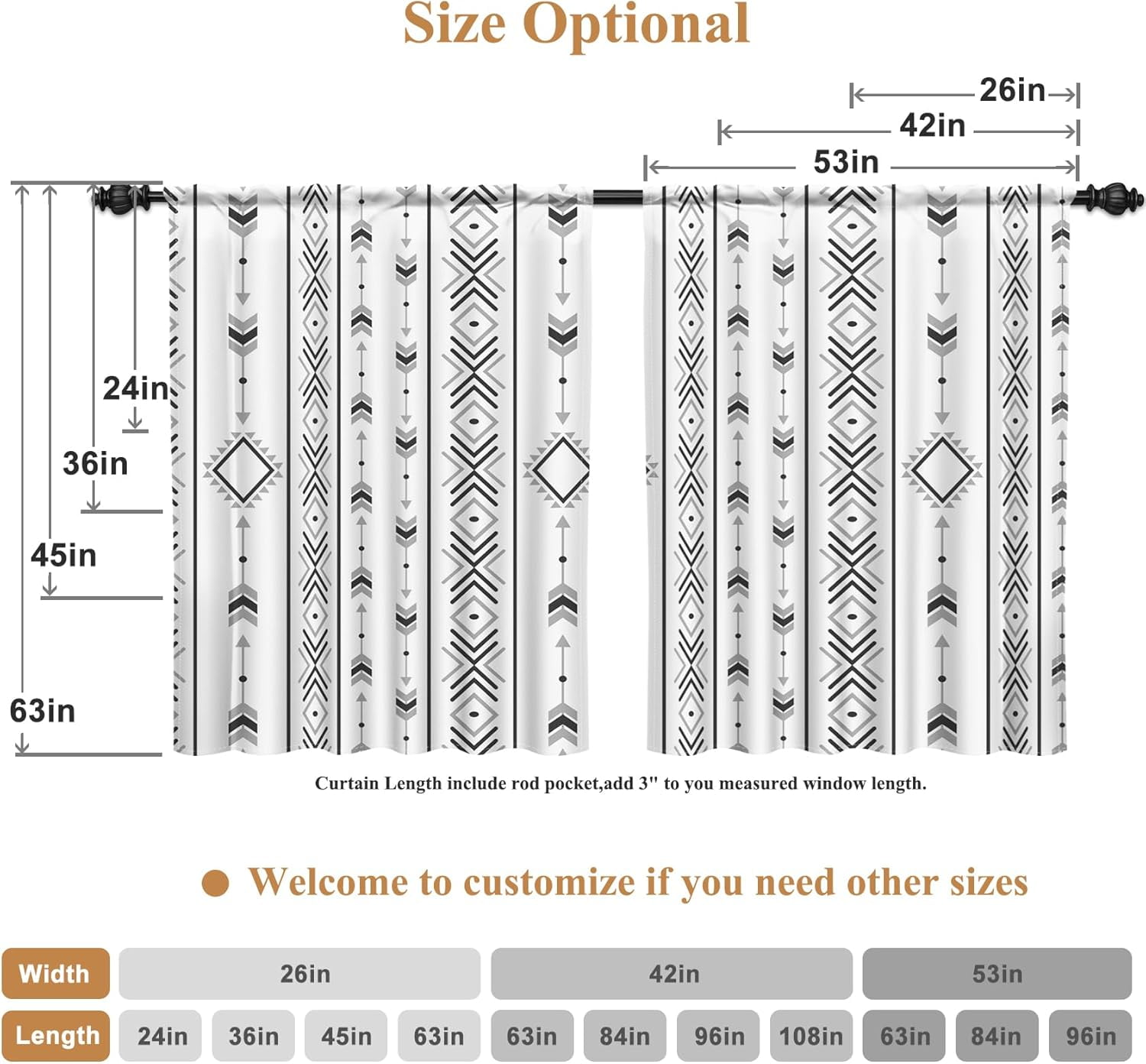 42 x 63 Inch Boho Linen Curtains for Bedroom Living Room Farmhouse Boho Curtains Rod Pocket Geometric Striped Patterned Light Filtering Thermal Insulated Window Drapes Black On Beige 2 Panels
