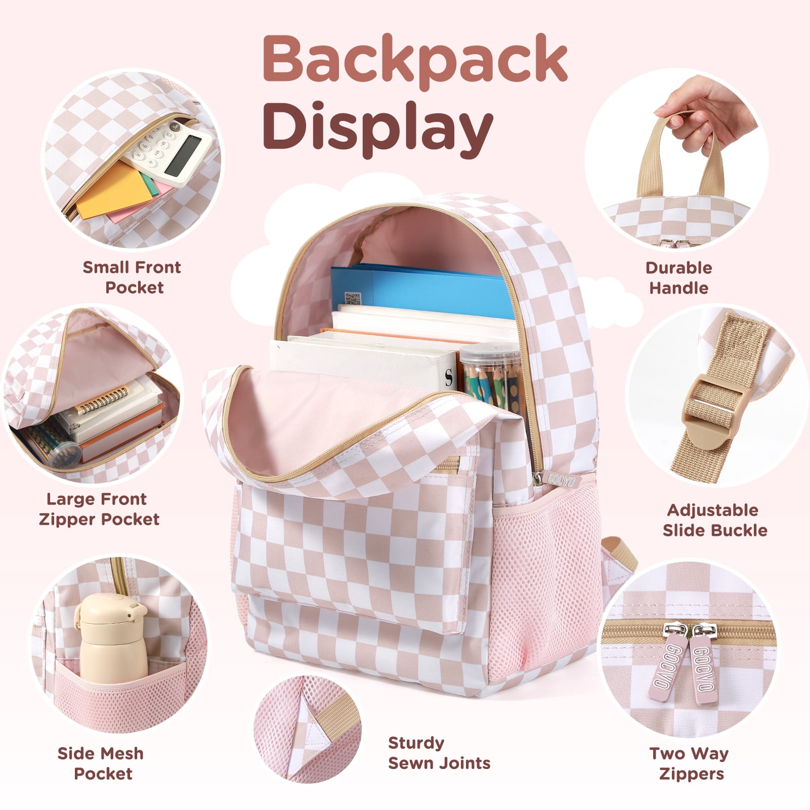 Gocvo Kids Backpack for Girls, Waterproof Teens Bookbag Cute School Backpacks, Checkered Pattern