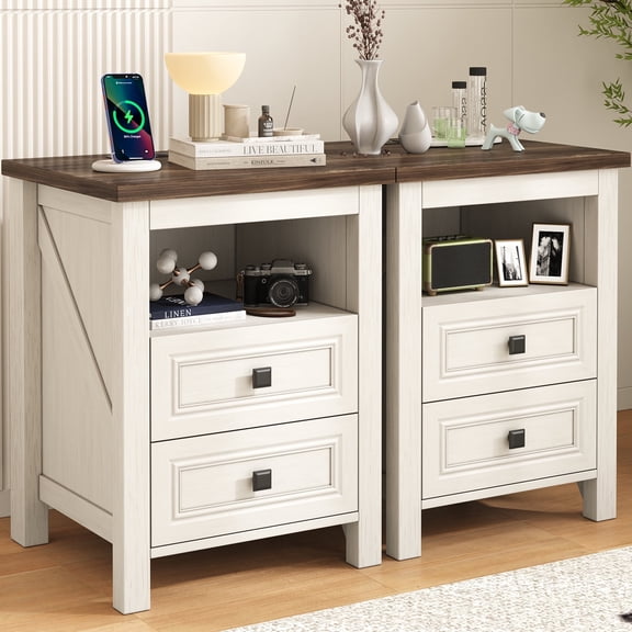 Nightstand set of 2 with Charging Station, Rustic Bedside Table Farmhouse Nightstand with 2 Drawers End Tables Night Stand for Bedroom Living Room, White