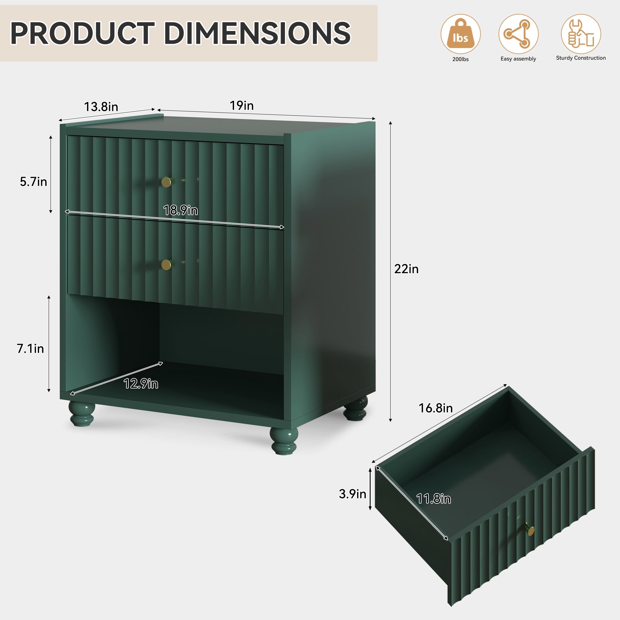ZOSQUARE Modern Nightstand, Green Fluted Bedside Table with 2 Drawers and Open Shelf, End Tables with Gold Knobs for Bedroom, Living Room