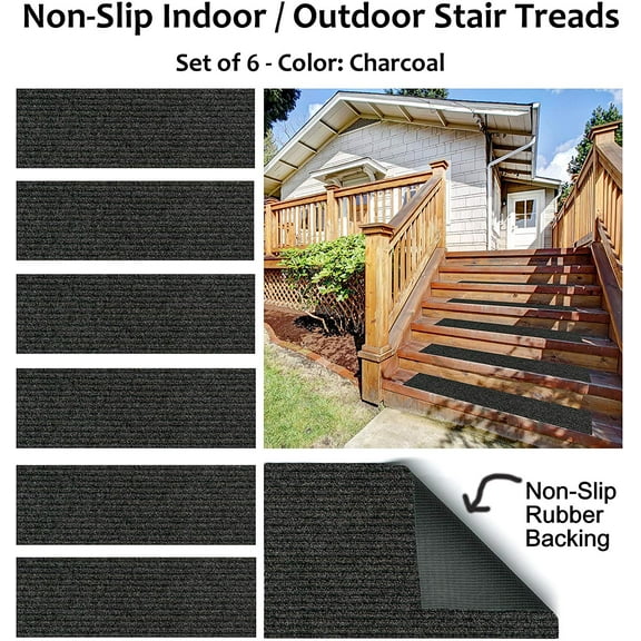 Set of 6 Rubber Backed Non-Slip 1/4" Thick Heavy Duty Indoor/Outdoor Carpet Stair Treads. Many Sizes Available (Color: Charcoal)