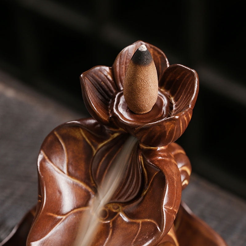 Ceramic Lotus Backflow Incense Burner Indoor Waterfall Smoke Incense Holder Creative Retro Lotus Leaf Incense Burner Aromatherapy Ornament