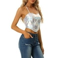 thumbnail image 4 of INSPIRE CHIC Women's Top Metallic Cropped Halter Neck Shiny Tank Top XS Silver, 4 of 5