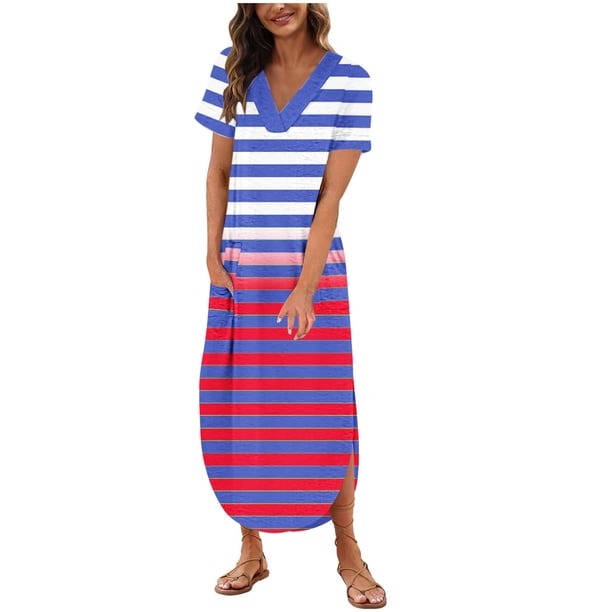 Vestido de Manga Corta para las Mujeres, Vestido Casual de Cuello en V de Bolsillo de Impresión de Moda Sexy Hecho de Poliéster Ligero para el Verano, Vestido de Verano para las Mujeres