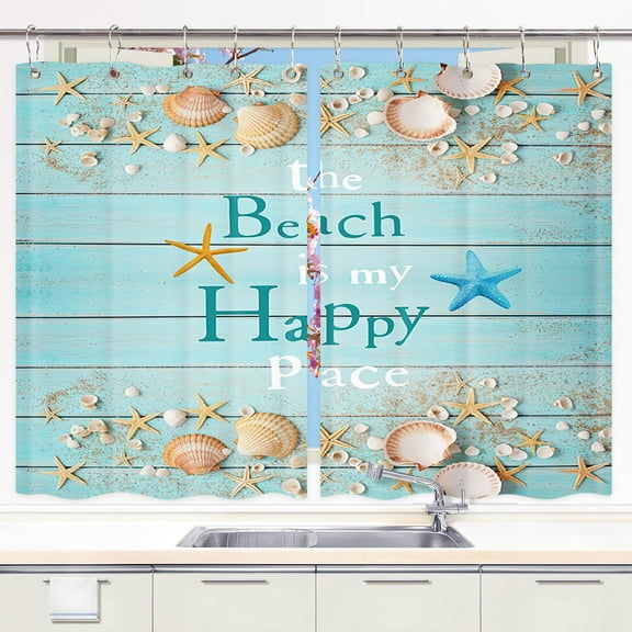 Beach Kitchen Curtains, Beach Starfish Kitchen Curtains, Tropical Beach Blue Sky Palm Tree Kitchen Curtainss Summer Tropical Beach Kitchen Curtains Window Drape Treatment 2 Panels 21 x 45 Inch