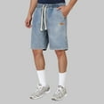 thumbnail image 2 of Jean Shorts Men Baggy Elastic Waist Drawstring Solid Color Casual Denim Bermuda Shorts with Pockets Straight Leg Knee Length Loose Summer Mens Denim Shorts Blue M, 2 of 5