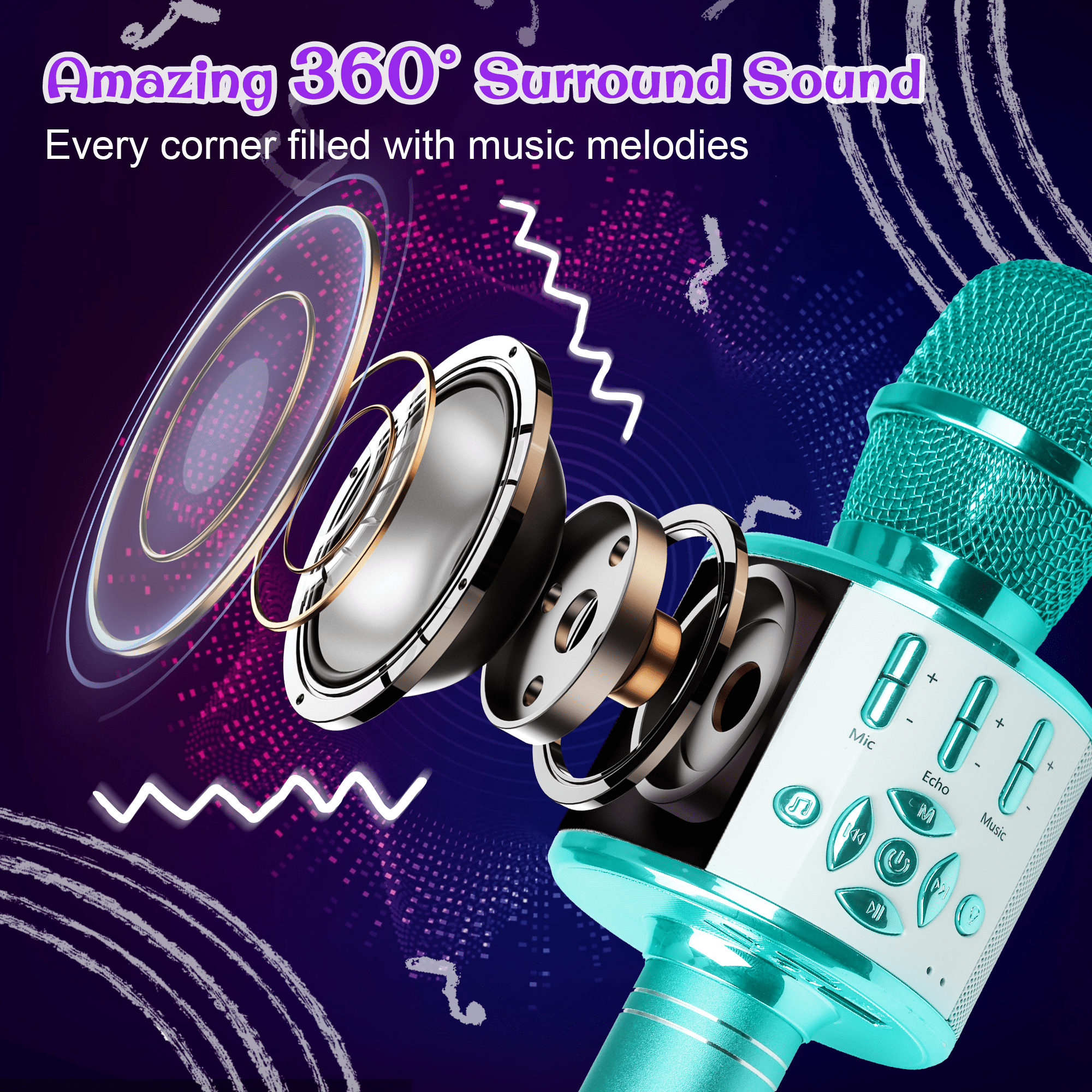 Bonaok Bluetooth Wireless Karaoke Microphone, Portable Handheld Karaoke Machine with LED Lights, Bluetooth Microphone Speaker Singing Gift for Kids Adults(Light Blue)