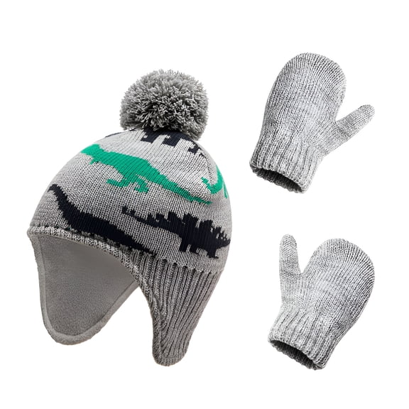 TELOLY Baby Toddler Kids Winter Hats and Gloves Set Baby Knitted Hat Gloves Set Winter Warm Boys Girls Beanie Lined Toddler Kids Hat with Pompom