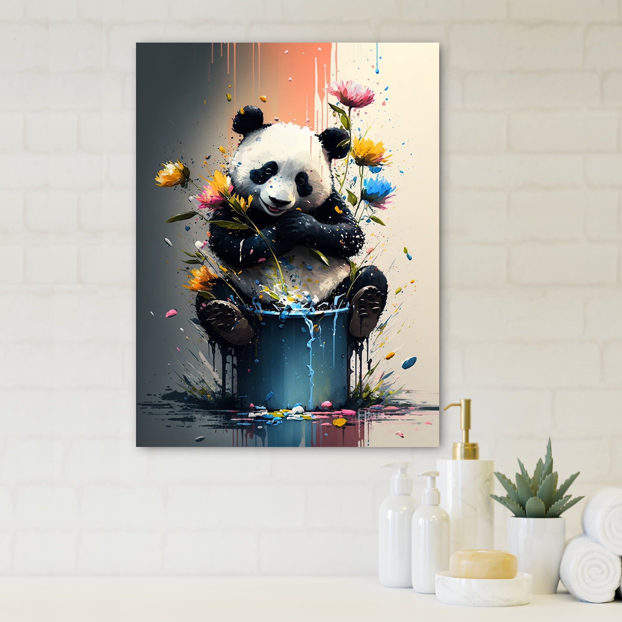 Designart Golden Panda Needs A Bath Canvas Wall Art