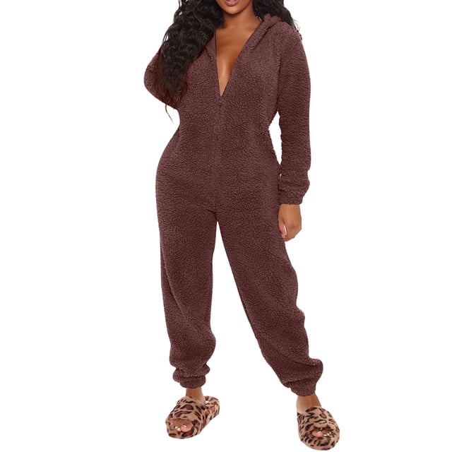 HBFAGFB Combinaison pour Femme Pyjama à Manches Longues Décontracté à Fermeture Éclair à Capuche d'Hiver Combinaison de Nuit Brun Taille 2TG