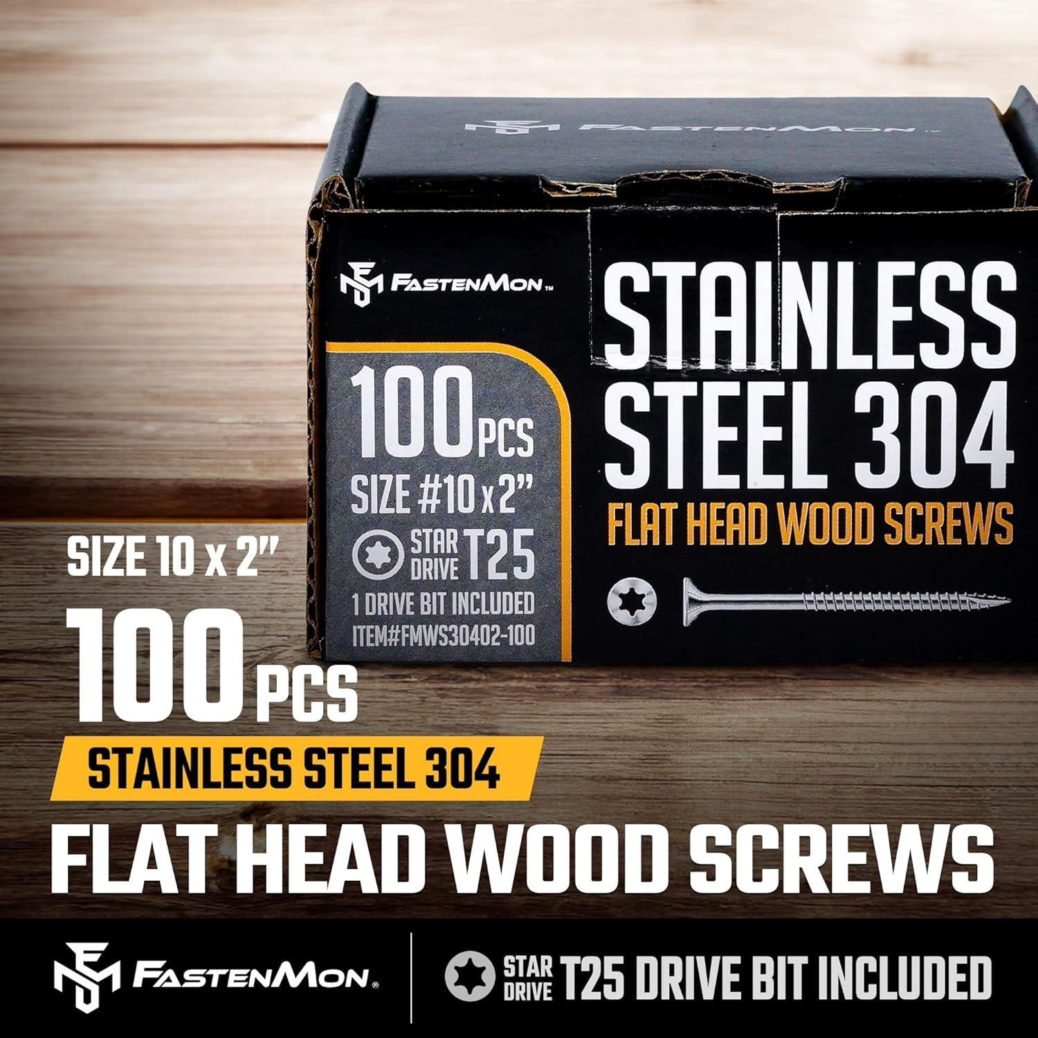 FM FASTENMON #10 x 2 inch 304 Stainless Steel Deck Screws, T25 Star Drive, 100 pack