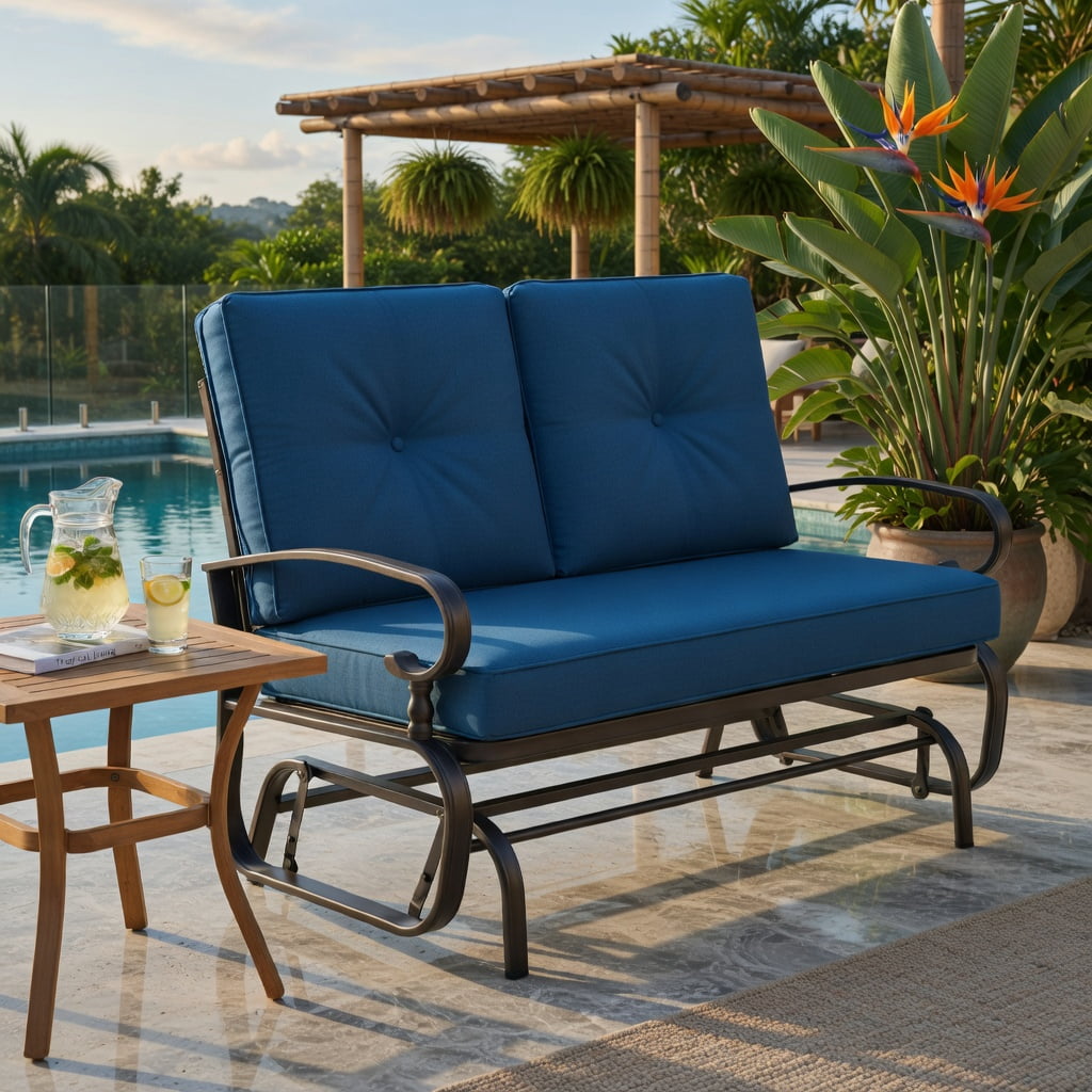 Hommoo 2-Person Outdoor Swing Glider Bench with Cushions, Steel Frame, Olefin Fabric, Patio, Porch & Backyard Seating, Navy