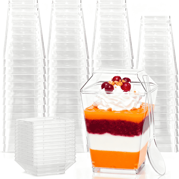 Xueyu 5oz Plastic Dessert Cups with Lids and Spoons (100 Pack), Small Parfait Yogurt Pudding Cups for Party, Mini Dessert Shooter Cup for Mousse, Tiramisu, Pudding