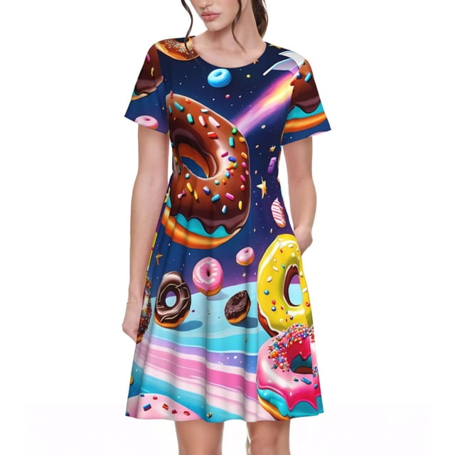 Lsque Space Robe Décontractée pour Femmes à Imprimé Beigne Coloré T-Shirt Été Manches Courtes Col Rond Robes Évasées