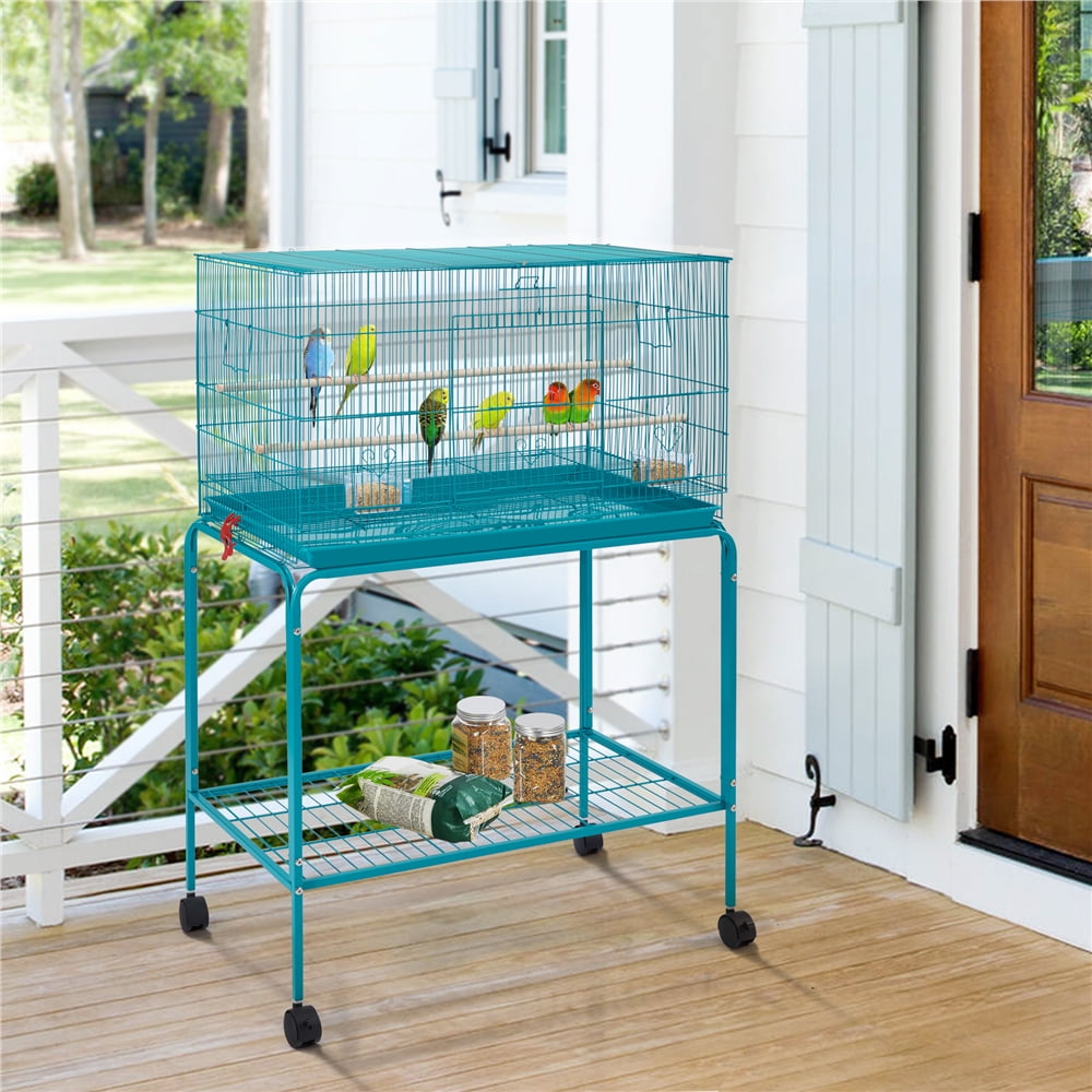 Alden Design 47" Metal Bird Cage with Slide-Out Tray and Rolling Stand, Teal Blue