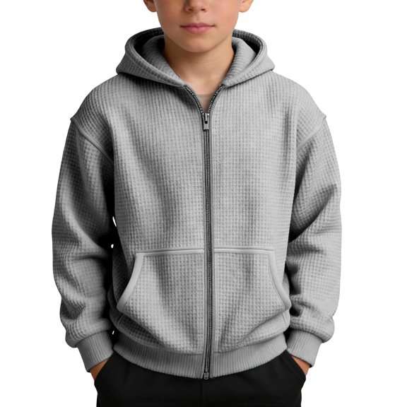 Amidoa Boys Zip Up Hoodie Waffle Knit Long Sleeve Hooded Sweatshirt Fashion Tops Kids Fall Winter Clothes with Pockets Gray Size 13 Years