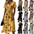 thumbnail image 4 of Minjewel Ladies Floral Casual Fashionable Short Sleeve V-Neck Dress for Spring Summer Women's Daily Casual Wear,Gold,M, 4 of 6